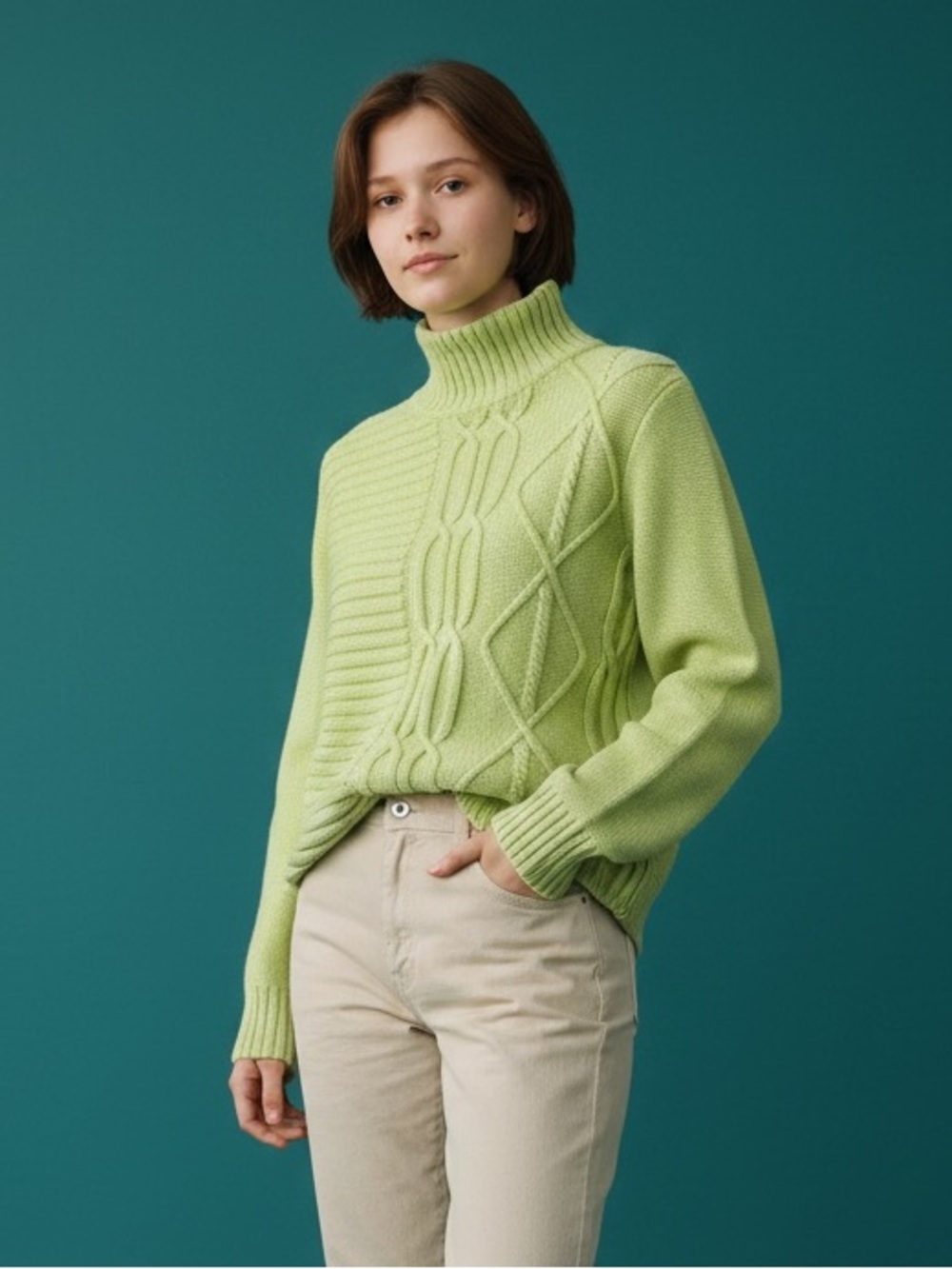 Tribal Fashion Lime Green Cable Knit Mock Neck Special Wash Sweater Size M #2341